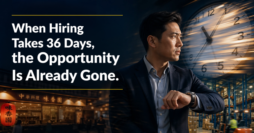 Flexii cover image: a manager checks his wristwatch beside a motion-blurred clock, headline reads When Hiring Takes 36 Days, the Opportunity Is Already Gone